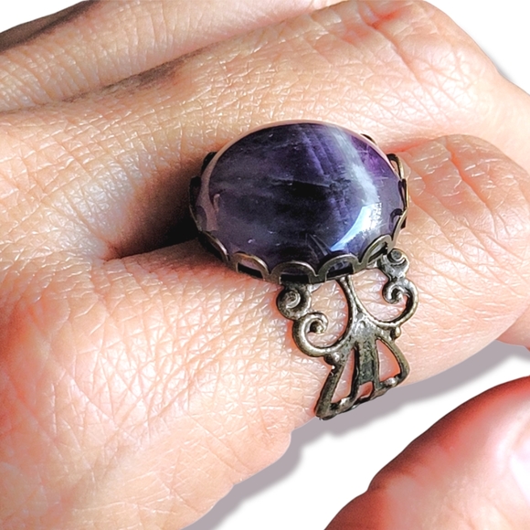 Genuine Amethyst Semi Precious Natural Stone French Copper Filigree Ring 8 - Picture 1 of 7